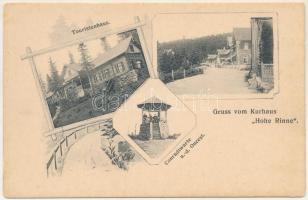 Szebenjuharos, Hohe Rinne, Paltinis; Gruss vom Kurhaus Hohe Rinne. Touristenhaus, Conradtwarte a. d. Oncest. Herausg. v. d. Sektion "Hermannstadt" S.K.V. / Gyógyház, turistaház, kilátótorony / spa, tourist house, lookout tower. Art Nouveau