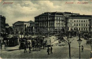 1911 Budapest VIII. Kálvin tér, villamosok, lovas hintók, Makó Mihály üzlete, Nemzeti Múzeum (EK)