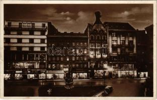 Budapest V. Szervita tér este, Lettersdorfer D. és Fia, Hegedűs Lajos, Singer Pál, Stern József, Rózsavölgyi és Társa, Bárczai András üzlete, Tündérujjak, automobil (fl)