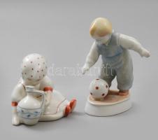 2 db Zsolnay porcelán figura. Labdázó fiú és korsós lány. Kézzel festett, jelzet, minimális kopással m: 8 cm , 11 cm