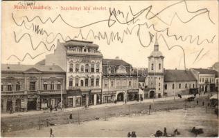 1911 Marosvásárhely, Targu Mures; Széchenyi tér, Háry Géza, Szalmásy Gyula, Robitschek Vilmos és Társa, Dikai János üzlete, Iparos Polgári Egylet, Portland román cement, cipőraktár, piac. Révész Béla kiadása / square, shops, market (EK)