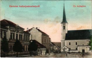 1907 Székelyudvarhely, Odorheiu Secuiesc; Evangélikus kollégium, Református templom, Lukács Gergely üzlete. Sterba Ödön kiadása / Lutheran boarding school, Calvinist church, shop (fl)