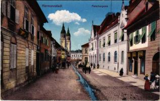 1915 Nagyszeben, Hermannstadt, Sibiu; Fleischergasse / Hentes utca, üzletek. G. A. Seraphin kiadása / street view, shops (EK)