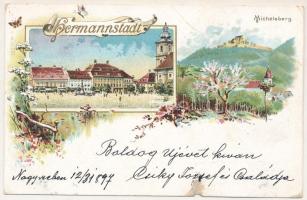 1898 (Vorläufer) Nagyszeben, Hermannstadt, Sibiu; látkép, Nagydisznód / Michelsberg / general view, Cisnadie. Art Nouveau, floral, litho (b)