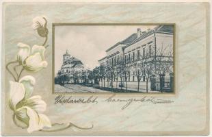 1910 Nagykároly, Carei; Gimnázium. Eigner Simon kiadása, szecessziós-virágos dombornyomott litho keret / Gymnasium / grammar school. Art Nouveau, Floral, Emb. litho frame (fa)