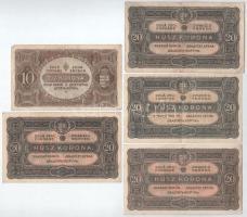 1920. 1K (2x) + 10K (3x) + 20K (4x) összesen 9db-os korona bankjegy tétel T:F szamárfül, firka
Adam...
