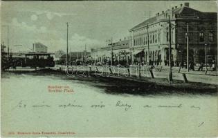 1899 (Vorläufer) Temesvár, Timisoara; Scudier tér, villamos, piac. Moravetz Gyula kiadása / Scudier-Platz / square, tram, market (EB)