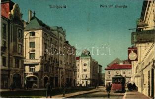 Temesvár, Timisoara; Piata Sft. Gheorghe / Szent György tér, villamos, üzletek / square, tram, shops (r)