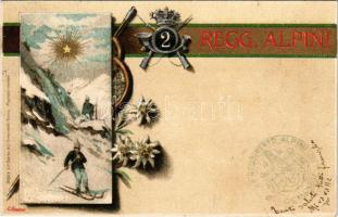 1902 2. Reggimento Alpini. Doyen di L. Simondetti / Italian military art postcard, Alpine Regiment with skiing soldier. Art Nouveau, floral, litho s: C. Barberis