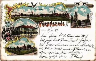 1898 (Vorläufer) Verbász, Vrbas; Református és evangélikus templom, gimnázium, Óverbászi park. Boros György kiadása  / churches, school, park. Art Nouveau, floral, litho (Rb)