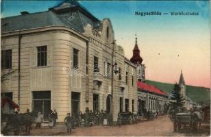 1914 Nagyszőlős, Nagyszőllős, Vynohradiv (Vinohragyiv), Sevljus, Sevlus; Werbőczy utca, piac, üzletek. Deutsch J. kiadása / street view, market, shops (kis szakadás / small tear)