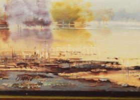 Oszter Dezső (1955-): Holtág. Olaj, farost, jelzett, hátoldalán autográf felirattal. 30x50 cm. Faker...