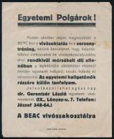 1927 ,,Egyetemi Polgárok!, a BEAC vívószakosztályának felhívása dr. Gerentsér László vívómester által tartott vívásoktatási tanfolyamokról. Bp., Pallas-ny., kissé foltos, középen hajtott, a hátoldalon kézzel írt datálással és névbejegyzéssel, 20x16,5 cm