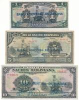 Bolívia DN(1929) 1B + 5B + 10B mindegyik kék "Banco Central de Bolivia" felülbélyegzéssel T:F Bolivia ND(1929) 1 Boliviano + 5 Bolivianos + 10 Bolivianos all with blue "Banco Central de Bolivia" overprint C:F  Krause KM#112, KM#113, KM#114