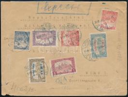 1918.07.05. Repülő posta sor + 1,95K kiegészítő bérmentesítés expressz ajánlott légi levélen Bécsbe / Mi 210-211 + 1,95K additional franking on registered airmail cover to Vienna.