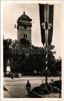 1941 Rozsnyó, Roznava; Rákóczi őrtorony magyar zászlókkal és "Magyarok leszünk" felirattal, Országzászló, leventék, megkoszorúzott Kossuth szobor / watchtower with Hungarian irredenta propaganda, Hungarian flag, monument (EK)