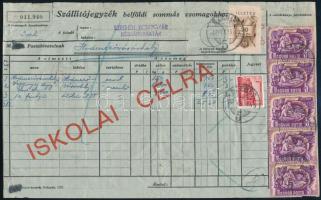 1952 Szállítójegyzék belföldi sommás csomagokhoz ISKOLAI CÉLRA nyomtatvány köznapi felhasználással Épületek 60f + Ötéves terv 5 x 5Ft bérmentesítéssel SZEGED / Parcel list for education purpose used for casual purpose with 25,60Ft franking