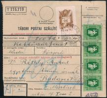 1948 Tábori posta szállítólevél késői felhasználás 5 x 1,40Ft bérmentesítéssel / Parcel card with 5 x 1,40Ft franking