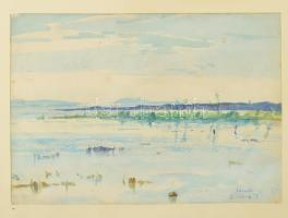 Balázs I jelzéssel: Vízparti táj (Balaton?). Akvarell, papír, jelzett. Üvegezett, sérült fakeretben....