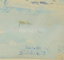 Balázs I jelzéssel: Vízparti táj (Balaton?). Akvarell, papír, jelzett. Üvegezett, sérült fakeretben....