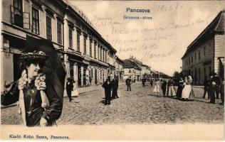 1903 Pancsova, Pancevo; Gromon utca, Trompeter Nagy szálloda, Kávéház, Marcus May üzlete. Kohn Samu kiadása, montázs / street, grand hotel, cafe, shops. Montage (EK)