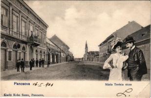 1904 Pancsova, Pancevo; Mária Terézia utca, Fodor és Antonovits és Janosevits üzlete. Kohn Samu kiadása, montázs / street, shops. Montage (Rb)