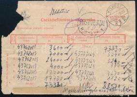 1952 Időntúli Csekkbefizetések aljegyzéke 11 csekkről 11 x Ötéves terv 60f bérmentesítéssel KISPEST / List of deposits with 11 x 60f franking