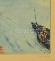 Görög Rezső (1930-): Dunadelta. Színezett rézkarc, papír, jelzett. Üvegezett fakeretben. 25x34 cm