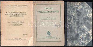 Wünscher Frigyes 3 műve:   Szövetkezetek a keresztény gazdasági rendben. A Középponti Katolikus Kör kiadványai 5. Bp., 1943., (Sárkány-ny.), 20 p. Bekötött papírborítókkal. Átkötött félvászon-kötés, régi bélyegzésekkel.;   Falusi tanulmányútjaim. Bp.,én.,Csáthy Ferenc, 44 p.+ 4 t. Kiadói papírkötés, szakadtm, foltos borítóval, intézményi bélyegzésekkel.;   A szövetkezetek szerepe Magyarország gazdasági megerősödésében. Az Országos Nemzeti Klub kiadványai 81. Bp., 1944, Kir. M. Egyetemi Nyomda, 16 p. Kiadói papírkötés, a borítón hiánnyal.