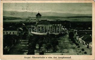 1940 Szepsi, Abaújszepsi, Moldava nad Bodvou; Fő utca, Római katolikus templom. Fodor István kiadása / main street, Catholic church (EM)