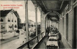 Topuszka, Topusko; Kr. zemaljsko Ljeciliste Topusko, Veranda Ljecilisna restauracija. Naklada Resenberg i Vurdelja / gyógyfürdő, étterem terasza vendégekkel és pincérekkel / spa, restaurant terrace with guests and waiters (Rb)
