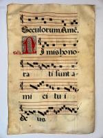 Nagyméretű XVI. századi Missale egy lapja, pergamenre nyomtatva. A kézzel készült liturgikus kézirat...