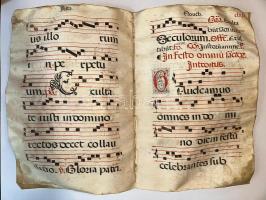 Nagyméretű XVI. századi Missale négy összetartozó lapja, pergamenre nyomtatva. A kézzel készült litu...