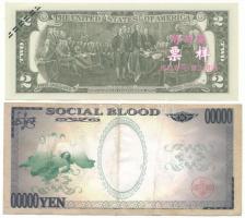 2db gúnypénz: 2$ rózsaszín keleti írásjegyekkel + 00000Y "Social Blood" felirattal T:UNC/F