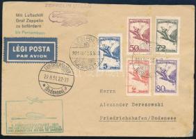 1931 Légi levél a Zeppelin léghajó első dél-amerikai útjáról, 5 klf Légiposta bélyeggel bérmentesítve, Rio de Janeiróban érkeztetve, LÉGI POSTA / BUDAPEST 72 - FRIEDRICHSHAFEN / (Bodensee) RIO DE JANEIRO