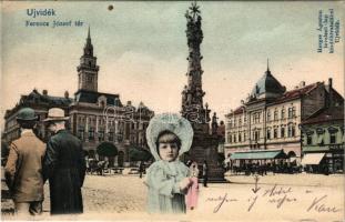 Újvidék, Novi Sad; Ferenc József tér, Szentháromság szobor, Hazai Biztosító, Mayer Imre üzlete. Herger Ágoston kiadása, montázs / square, Trinity statue, insurance company, shop. montage