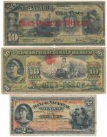 Mexikó 1913. 2P hátulján kék "1/2 Centavo" bélyegzéssel + 1908. 10P hátulján kék "1/2 Centavo" bélyegzéssel + Yucateco DN(1891) 10P piros "Banco Peninsular Mexicana" bélyegzéssel dátum nélkül, vagy pedig lekopott T:VG-G pici lyukak, szakadások Mexico 1913. 2 Pesos with blue "1/2 Centavo" overprint on the back + 1908. 10 Pesos with blue "1/2 Centavo" overprint on the back + Yucateco ND(1891) 10 Pesos with red "Banco Peninsular Mexicana" overprint, without datum C:VG-G tiny holes, tears