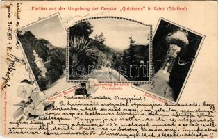 1914 Bolzano, Gries-Bozen (Südtirol); Pension Quisisana, Heinrich-Denkmal, Erzherzog Heinrich-Promenade, Schiller-Büste / hotel, monument, promenade. Deutsche Buchhandlung Art Nouveau, floral + K.u.K. Notreservespital in Gries bei Bozen Militärpflege (EK)