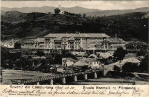 1905 Campulung Muscel, Hosszúmező, Kimpolung, Cimpolung (Arges); Scoala Normala cu Flamanda / school, bridge (EK)