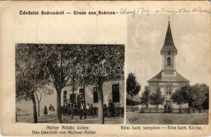 1917 Szárcsa, Sartscha, Sarca, Sarcia, Sutjeska; Római katolikus templom, Müller Mihály üzlete / church, shop (EK)