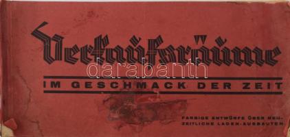 cca 1930-1940 Verkaufsräume im Geschmack der Zeit. Farbige Entwürfe ber neuzeitliche Laden-Ausbauten. / Német üzletberendezési katalógus (a korabeli divatnak megfelelő bútorokkal, berendezési tárgyakkal), egészoldalas, színes illusztrációkkal és fekete-fehér ábrákkal. Kiadói harántalakú papírkötés, sérült, foltos borítóval, lapszéli foltokkal, ázásnyomokkal, 30 sztl. lev., 52x23 cm