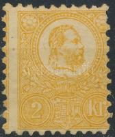 1871 Kőnyomat 2kr sárga, képbe fogazott bélyeg eredeti gumival, falcos (290.000) / Mi 1b yellow, with shifted perforation, original gum, hinged