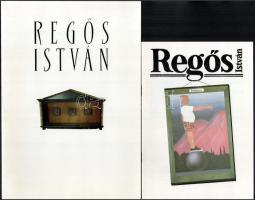 Regős István festőművész 3 db reprodukciókkal illusztrált kiállítási katalógusa és 1 db munkájáról készült fotó: Regős István kiállítása, Várfok Galéria, 1992. Magyar, angol és német nyelven. Kiadói papírkötés. + Regős István, 1989. Magyar, angol nyelven. Kiadói papírkötés. + Regős István, é.n. (1985 k.) + Regős István "Kilovaglás" (1989) c. művéről készült reprodukciós fotó, Gajzágó Jolán pecséttel jelzett felvétele, 18x24 cm