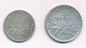 Franciaország 1916. 1Fr Ag + 2Fr Ag C:XF
France 1916. 1 Franc Ag + 2 Francs Ag C:XF