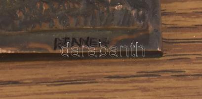 Renner Kálmán (1927-1994) Gulyás szürke marhákkal. Réz fali dísz, fa alapon, jelzett (fa kicsit sérü...