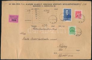 1939 Értéklevél 5,26P bérmentesítéssel, közte Horthy 5P / Insured cover