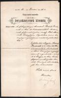 1868 Pesten tartott tanácsülés jegyzőkönyvének kivonata, Slezák Imre cs. kir. 12. tüzérezredbeli katonának házassági engedélyéről, beazonosítandó aláírással (Andrássy József?), fejléces papíron