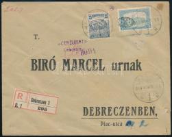 Debrecen I. 1919 Ajánlott cenzúrázott levél 2 db bélyeggel bérmentesítve, a Parlament 75f fordított felülnyomással / Registered censored cover, 75f with inverted overprint. Signed: Bodor