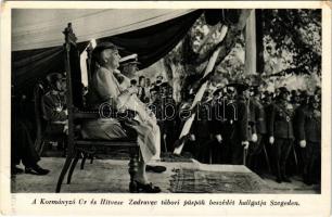 1939 Szeged, Az 1919. évi ellenforradalom 20 éves évfordulója augusztus 6-án. Horthy Miklós kormányzó úr és hitvese Purgly Magdolna Zadravec István tábori püspök beszédét hallgatja (EB)