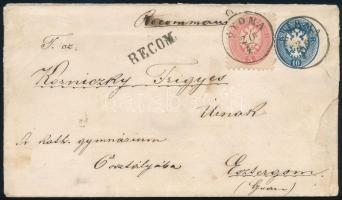 ~1864 Ajánlott díjjegyes 10kr levél 1864-es 5kr és 10kr díjkiegészítéssel GYOMA - Esztergom / Registered 10kr PS-cover with 1864 5kr + 10kr additional franking